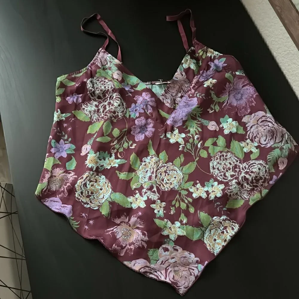 NWOT Free People Cami Floral Hanky Style Adjustable Straps Burgundy V Neck Tank